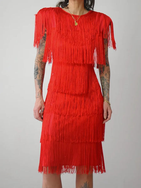 1980's Red Fringe Flapper Dress