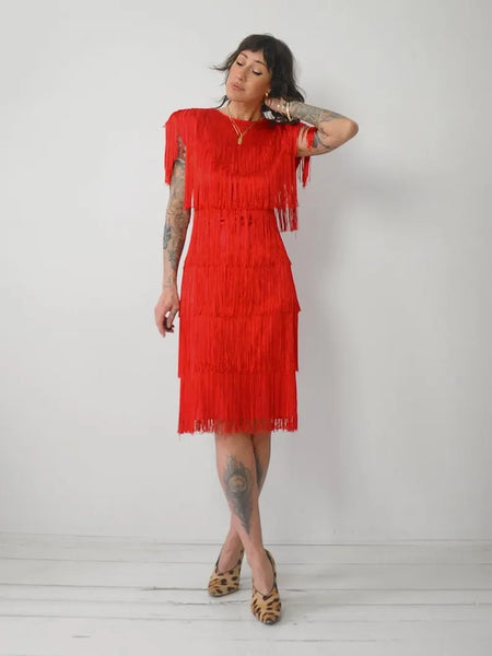 1980's Red Fringe Flapper Dress