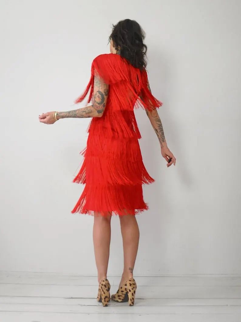 1980's Red Fringe Flapper Dress