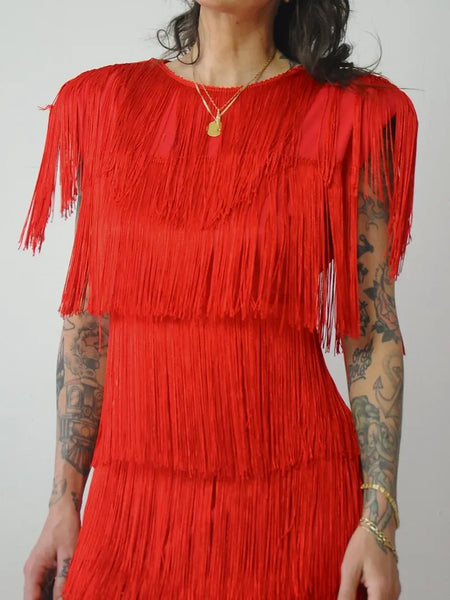 1980's Red Fringe Flapper Dress