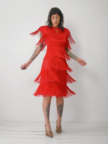 1980's Red Fringe Flapper Dress