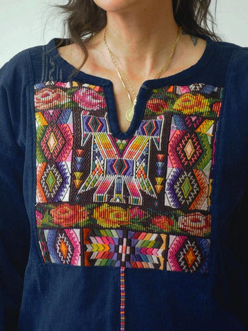 1970's Indigo Mud Cloth Embroidered Blouse