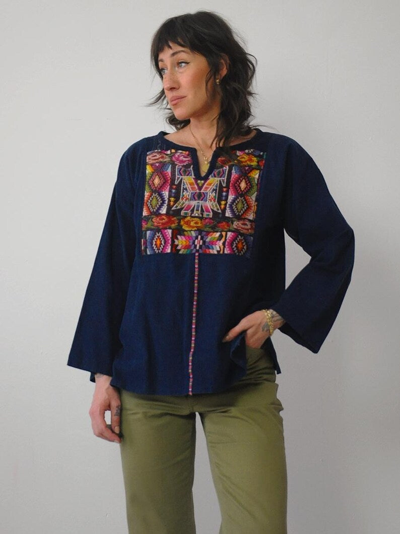 1970's Indigo Mud Cloth Embroidered Blouse