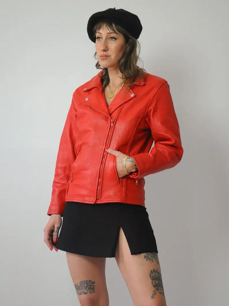 1980's Red Leather Motorcycle Jacket
