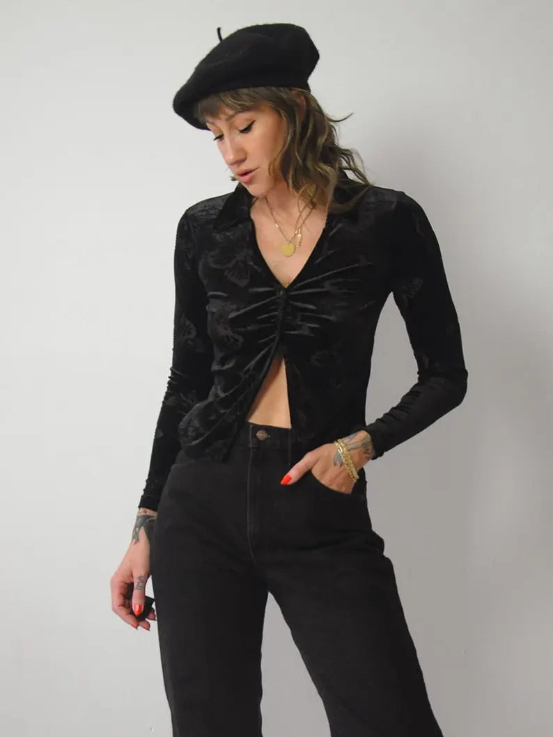 y2k Velvet Butterfly Crop Top
