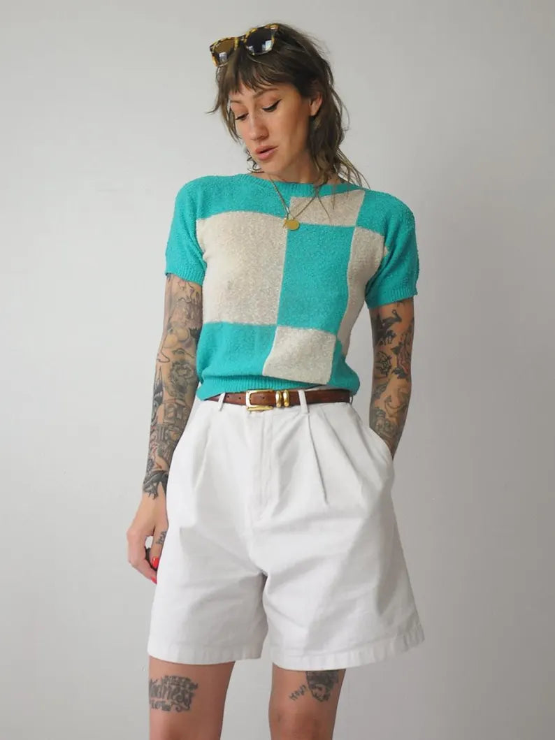 1980's Teal Checkered Sweater