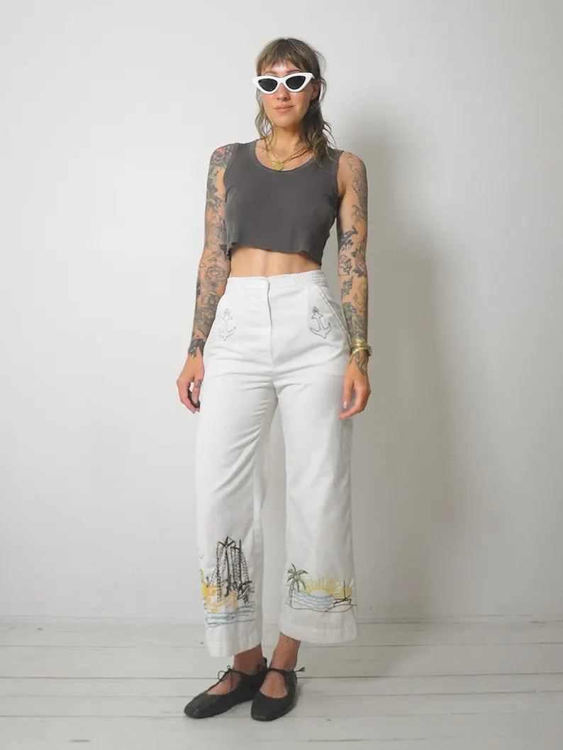70's Embroidered Tropical Island Pants