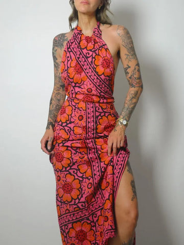 1970's India Batik Cotton Halter Dress