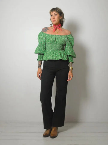 1970's Green Floral Crop Top