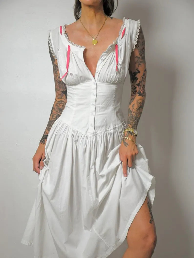 1970's White Corset Pocket Dress