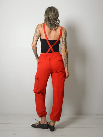 1980's Red Linen Overall Jumpsuit