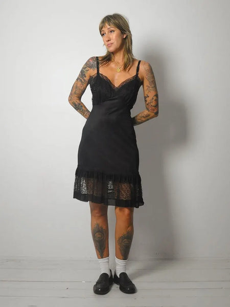 1970's Black Ruffle Lace Slip