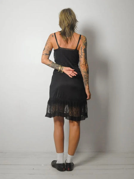 1970's Black Ruffle Lace Slip