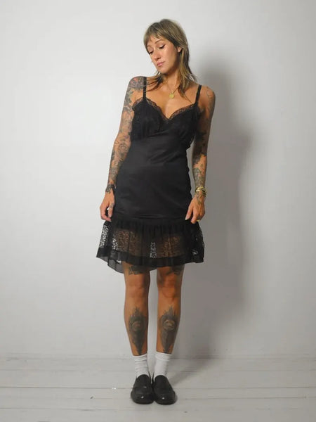 1970's Black Ruffle Lace Slip