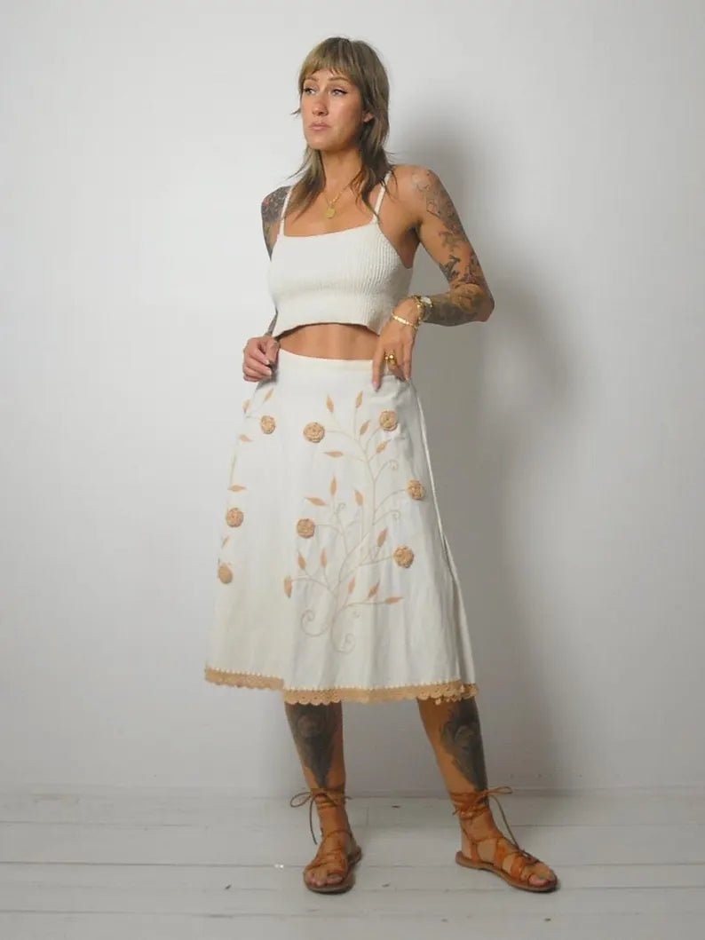 90's Embroidered Floral Wrap Skirt