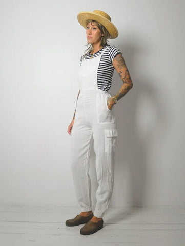 1980's White Linen Overall Jumpsuit