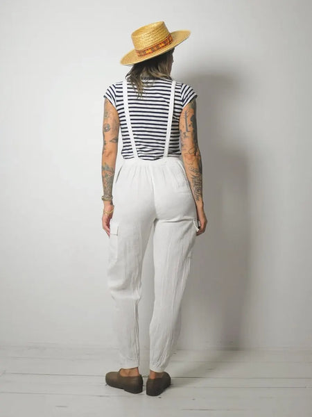 1980's White Linen Overall Jumpsuit