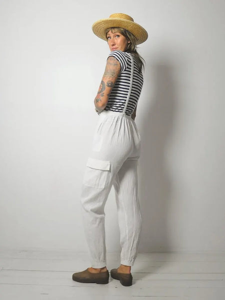 1980's White Linen Overall Jumpsuit
