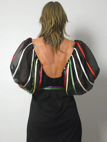80's Balloon Sleeve Ribbon Dress