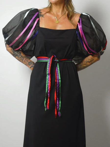 80's Balloon Sleeve Ribbon Dress