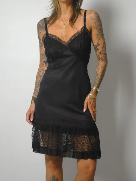 1970's Black Ruffle Lace Slip