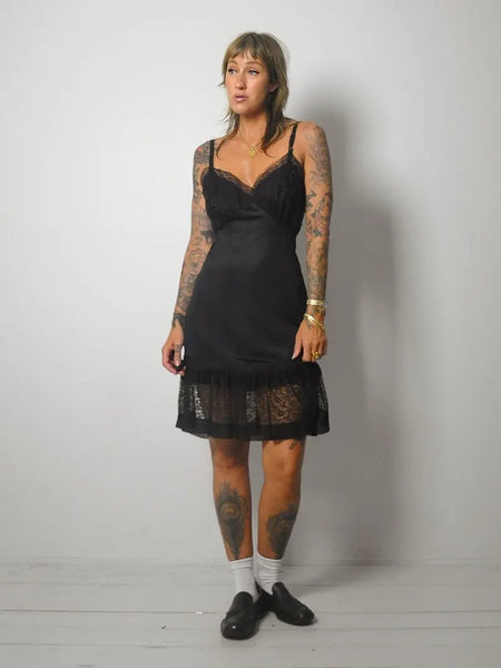 1970's Black Ruffle Lace Slip