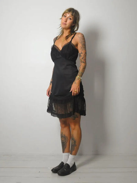 1970's Black Ruffle Lace Slip