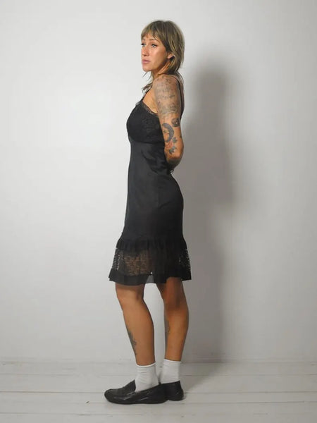 1970's Black Ruffle Lace Slip