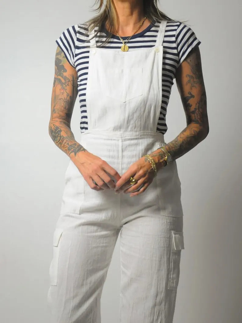 1980's White Linen Overall Jumpsuit