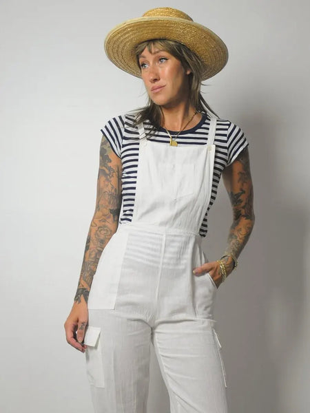 1980's White Linen Overall Jumpsuit