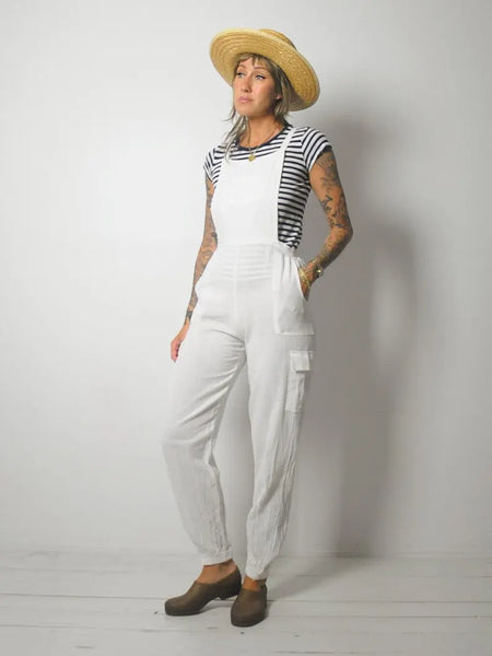 1980's White Linen Overall Jumpsuit