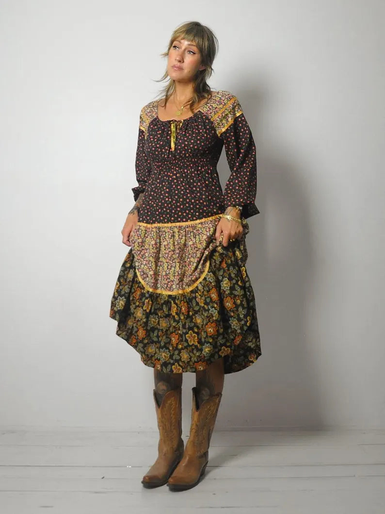 1970's Calico Prairie Floral Dress