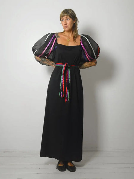 80's Balloon Sleeve Ribbon Dress