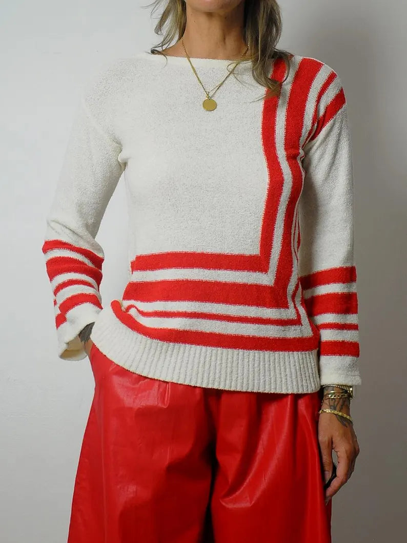 80's Red Stripe Boucle Sweater