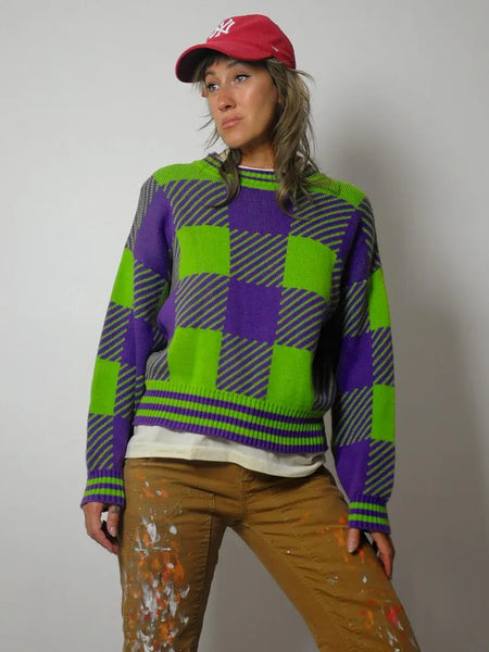 90s Neon Plaid Sweater