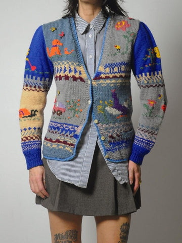 80's Novelty Hand Knit Wool Cardigan