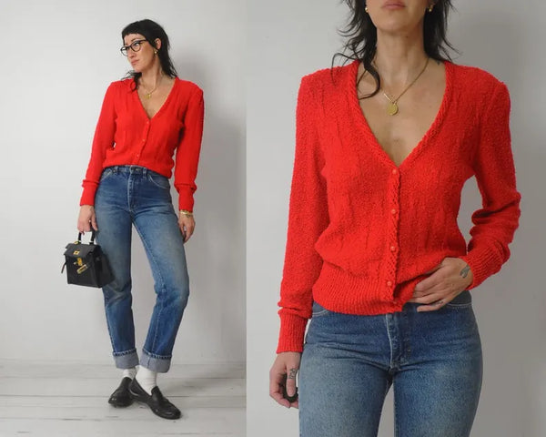 1980's Red Boucle Knit Cardigan