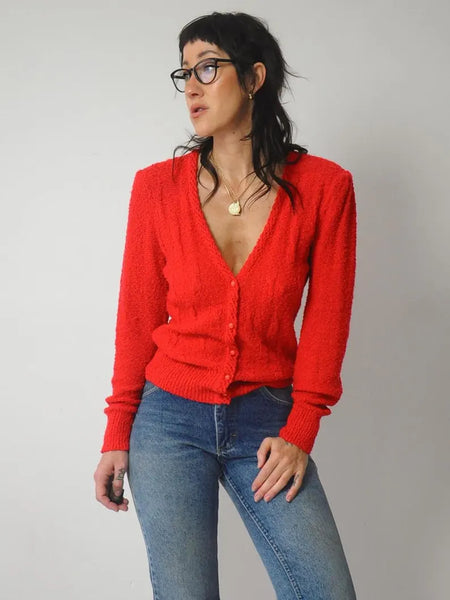 1980's Red Boucle Knit Cardigan