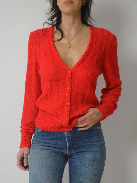 1980's Red Boucle Knit Cardigan