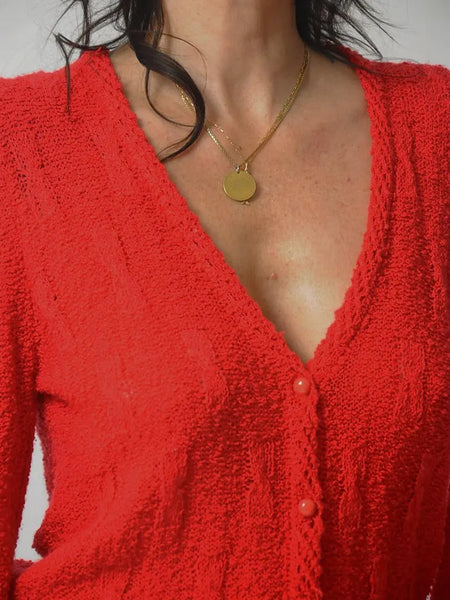 1980's Red Boucle Knit Cardigan