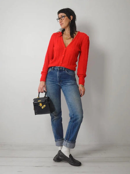 1980's Red Boucle Knit Cardigan