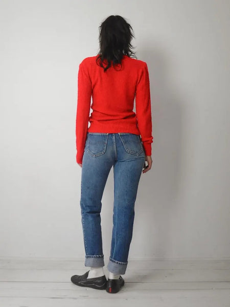 1980's Red Boucle Knit Cardigan
