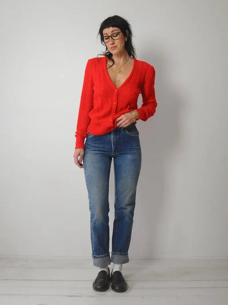 1980's Red Boucle Knit Cardigan
