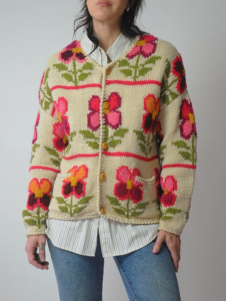 1990's Handknit Wool Floral Cardigan