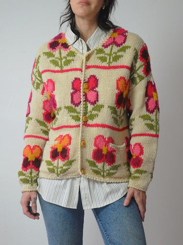 1990's Handknit Wool Floral Cardigan