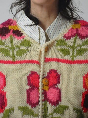 1990's Handknit Wool Floral Cardigan