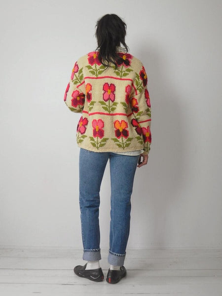 1990's Handknit Wool Floral Cardigan