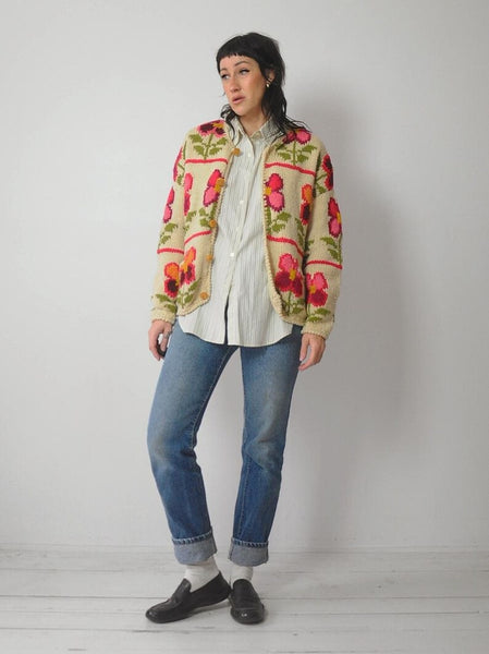 1990's Handknit Wool Floral Cardigan