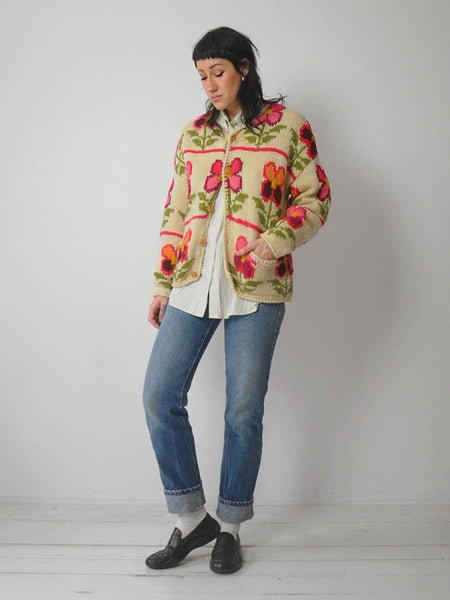 1990's Handknit Wool Floral Cardigan