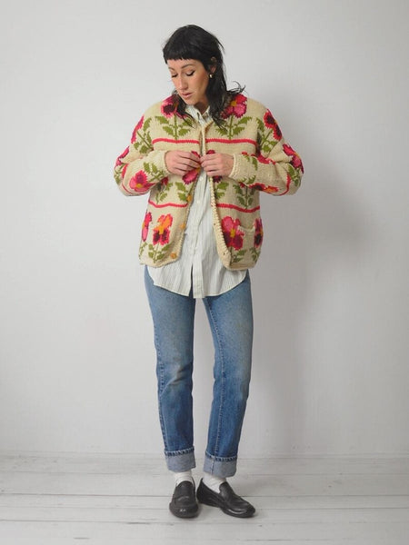 1990's Handknit Wool Floral Cardigan